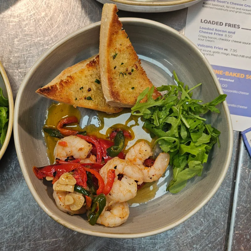 Prawns pil pil, Dressed rocket, Charred Ciabatta