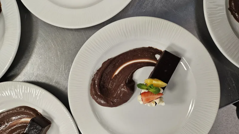 Chocolate delice, chocolate mousse, Chantilly cream, Fresh fruits