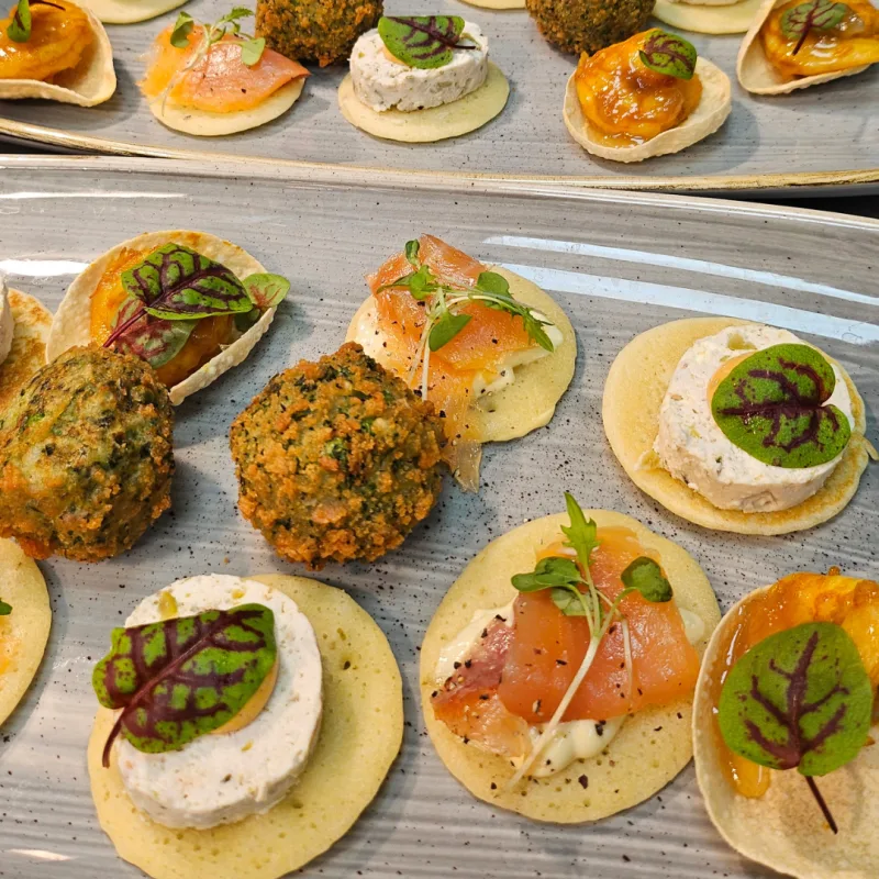Assorted canapes_ Blinis with smoked salmon & chicken roulade, Falafel