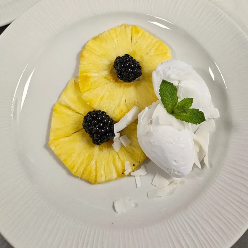 Pineapple carpaccio, Coconut gelato, Toasted coconut, Blackberry