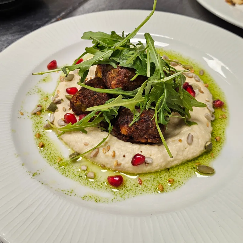 Falafel, Hummus, Zaatar infused herb oil, Pomegranate seeds, Dressed rocket leaves