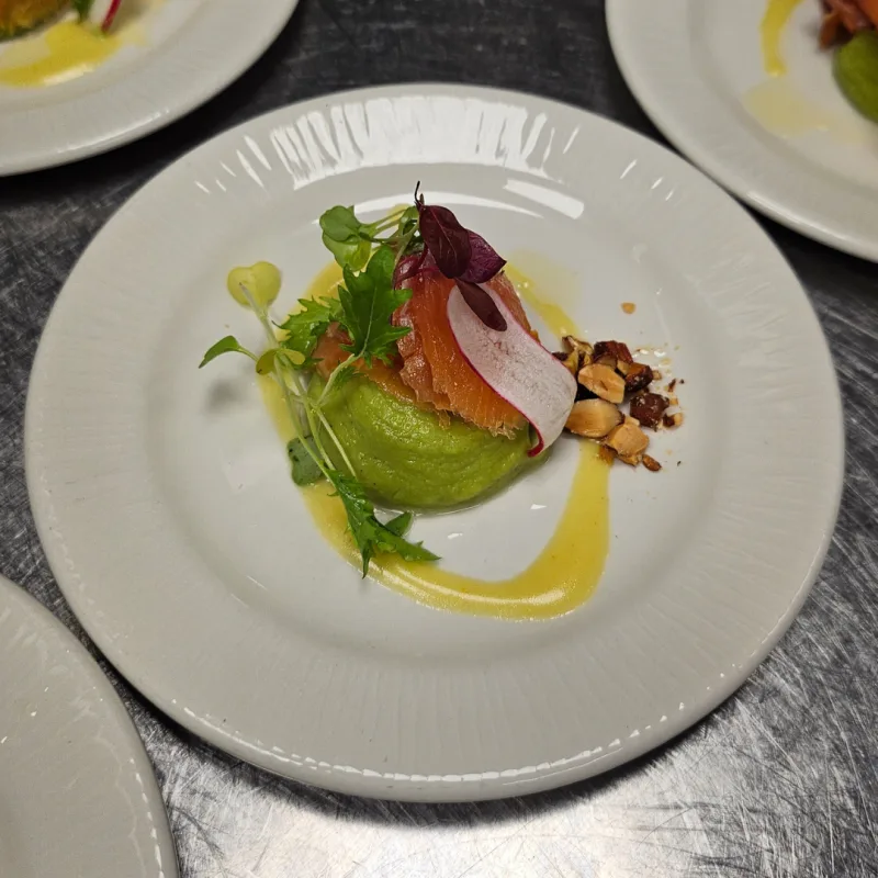 Smoked salmon, Avocado puree, Olive oil emulsion, Crushed smoked almond(1)