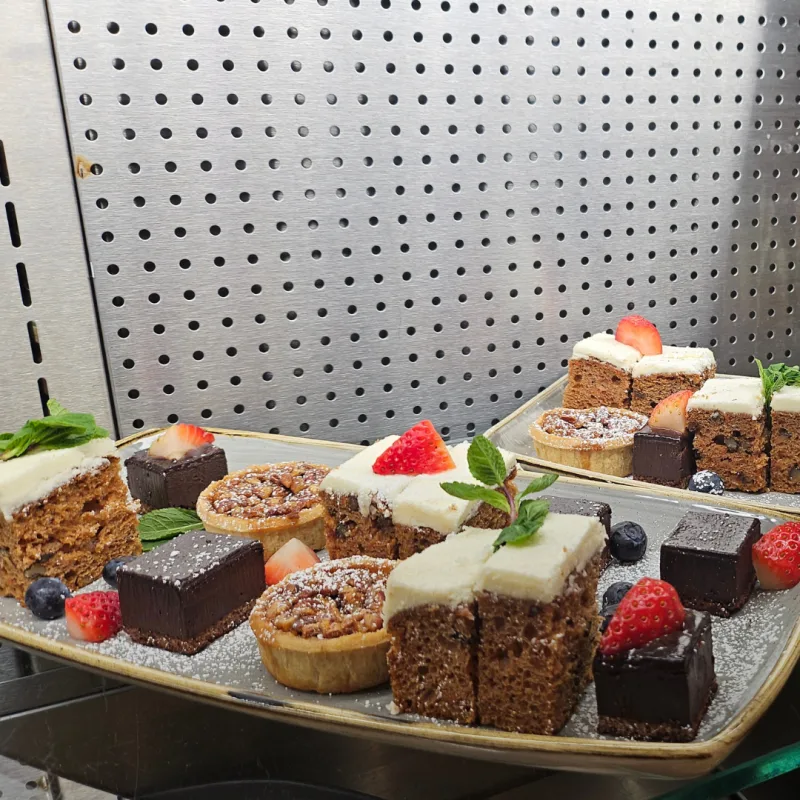 Dessert selection_ Carrot cake, Brownie bites, Pecan tart