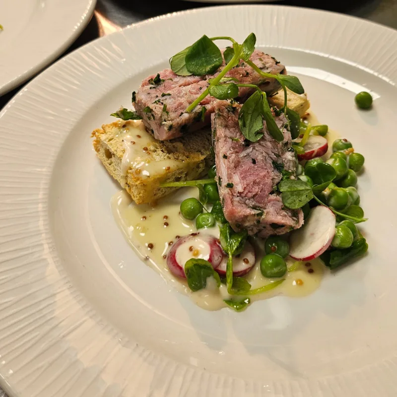 Ham hock Terrine, Pea shoot & radish salad, Honey mustard dressing, Croûte