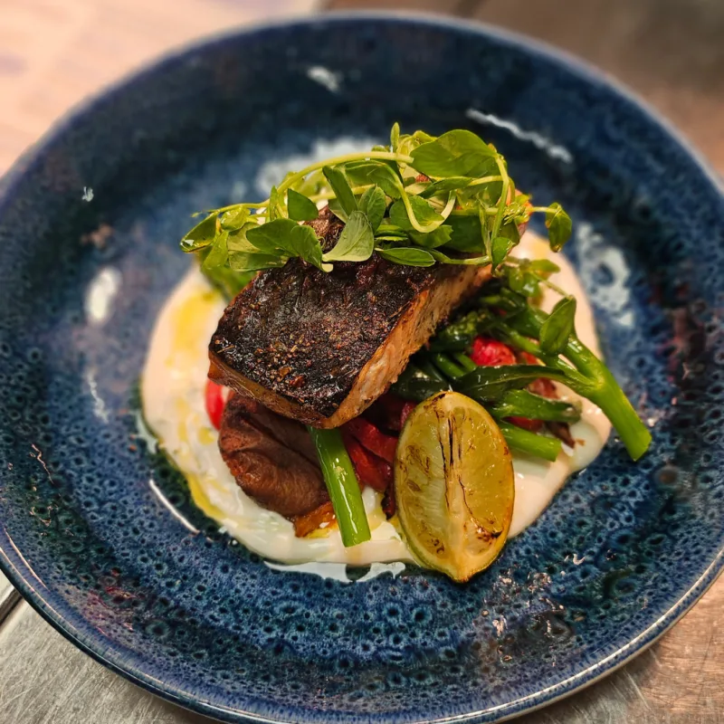 Chimichurri seared salmon, Garlic & herb labneh, Paprika sweet potatoes, Roasted red peppers, Tenderstem broccoli, Grilled lime, Pea shoots