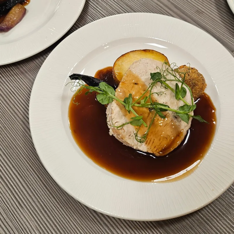 Roasted sliced turkey, Fondant potato, Turkey bon bons, Poultry gravy