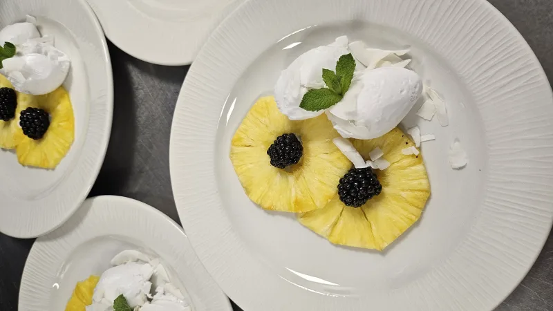 Pineapple carpaccio, Coconut gelato, Toasted coconut, Blackberry